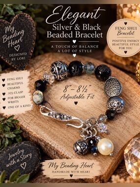 Elegant Silver and Black Beaded Bracelet For Bigger Wrists 💋